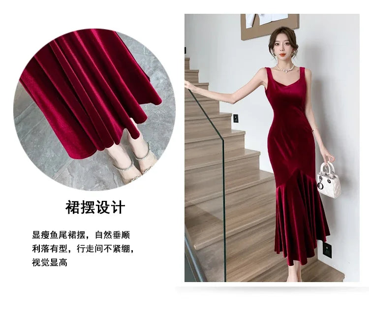 NEW Elegant Korean  Velvet Backless Sleeveless Midi Mermaid Dresses