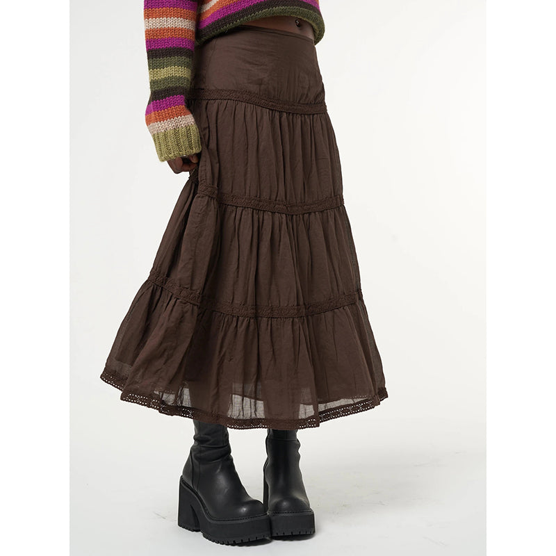 Retro Brown Ruffle Long  Skirts