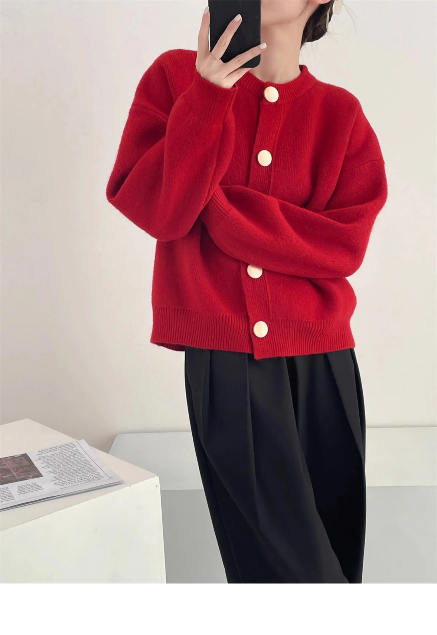 Elegant Cashmere  O-neck Knitted Loose  Cardigans Sweater