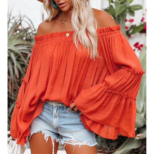 Orange Red  Off Shoulder Flare Long Sleeve Blouse