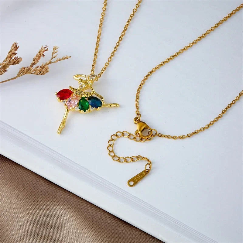 Colorful Zircon Ballerina Girl Pendant Necklace