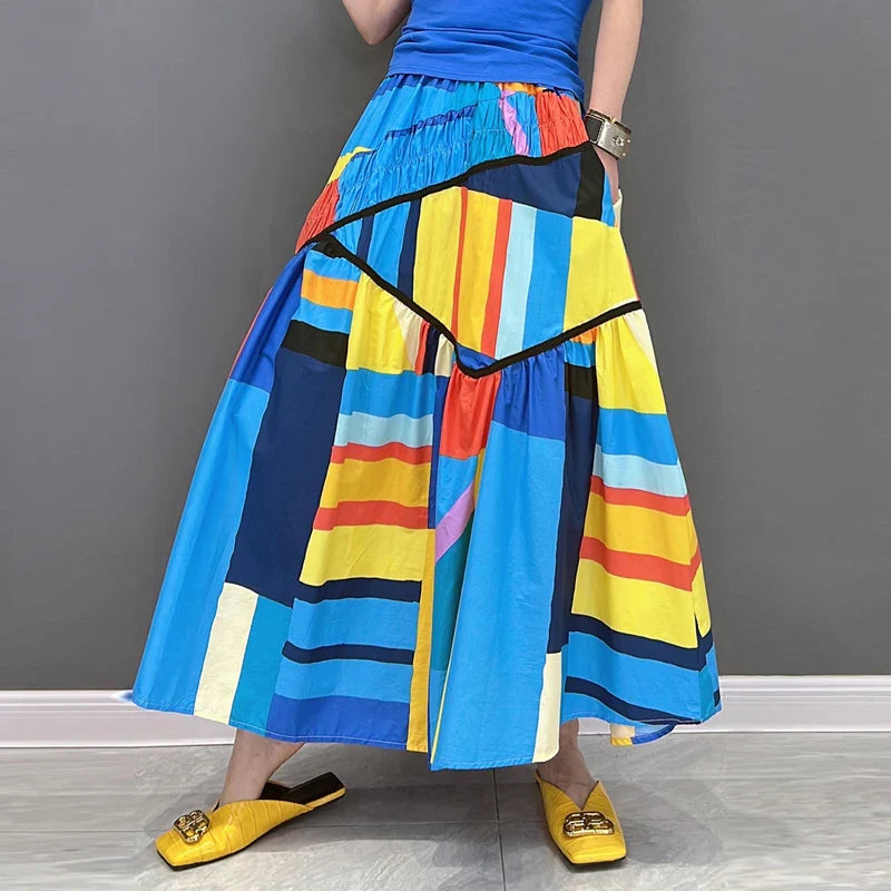 Blue Art  3D Printed  Loose Fit Mid-Calf Skirt with Pockets