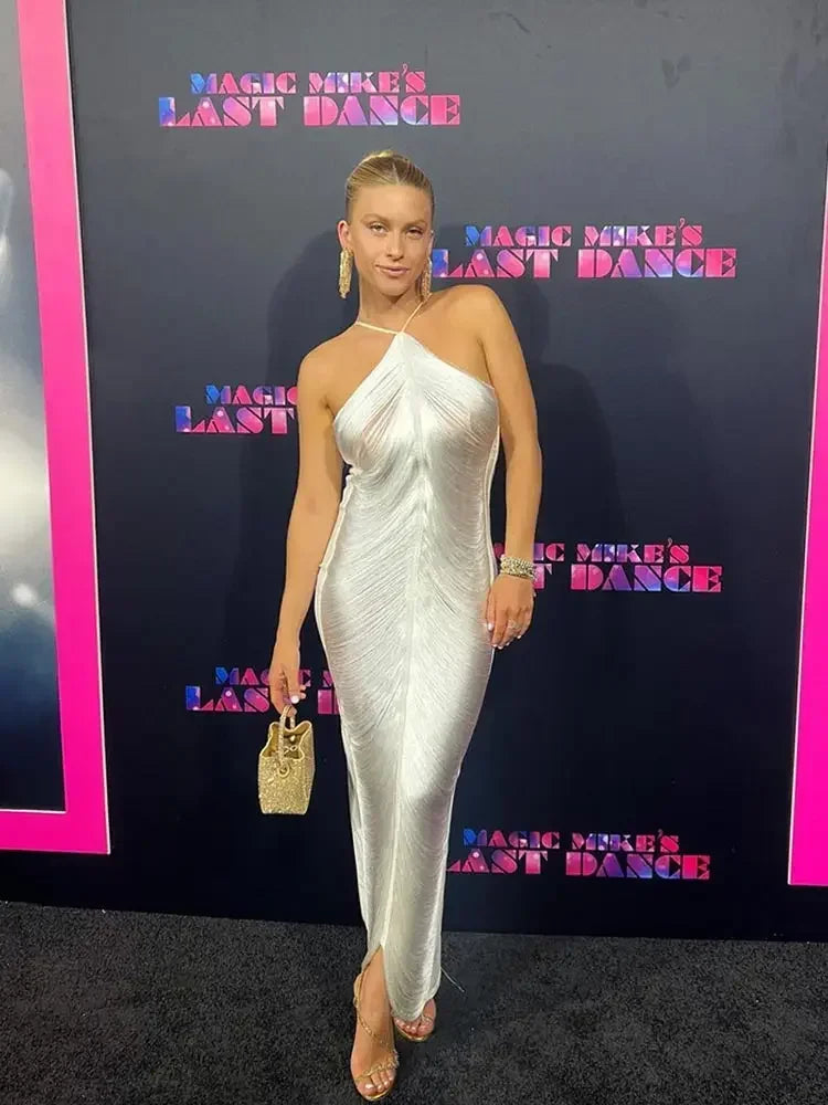 Tassel Back Slit Halter Off Shoulder Long Dress