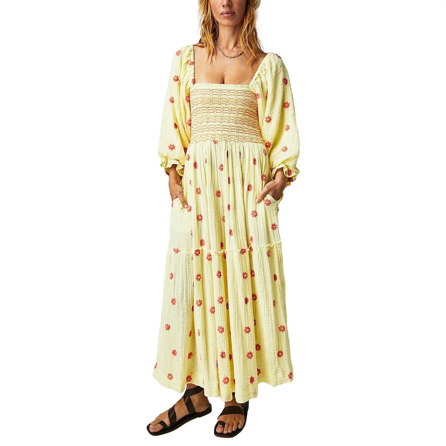 Bohemian Floral Embroidery  Square Neck  Loose Swing Long Dress with 3/4 Puff Sleeves