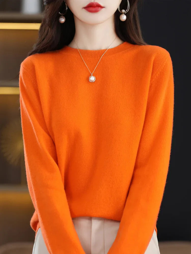 Classic Style Cashmere Round Neck Pullover with  Long Sleeve