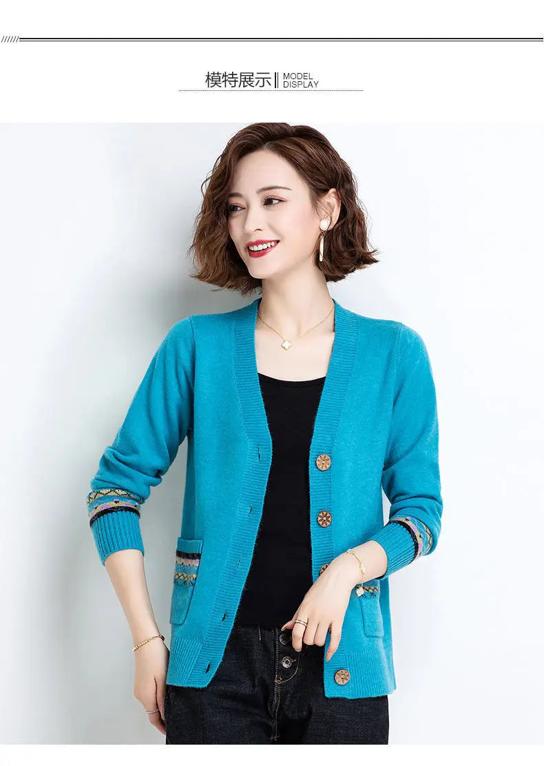 Folk Vintage Button V-Neck  Cardigans with Long Sleeves and Pockets