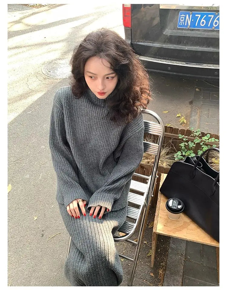 French Trendy Retro Two-piece Set with High Neck Sweater Knitted Top