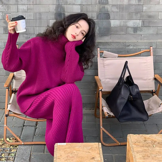 French Trendy Retro Two-piece Set with High Neck Sweater Knitted Top