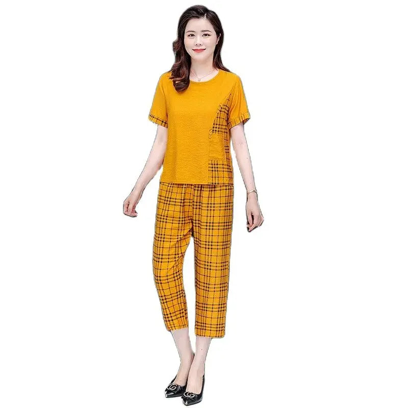 Linen Luxe T-Shirt Capris Plaid Pants 2 Piece Set