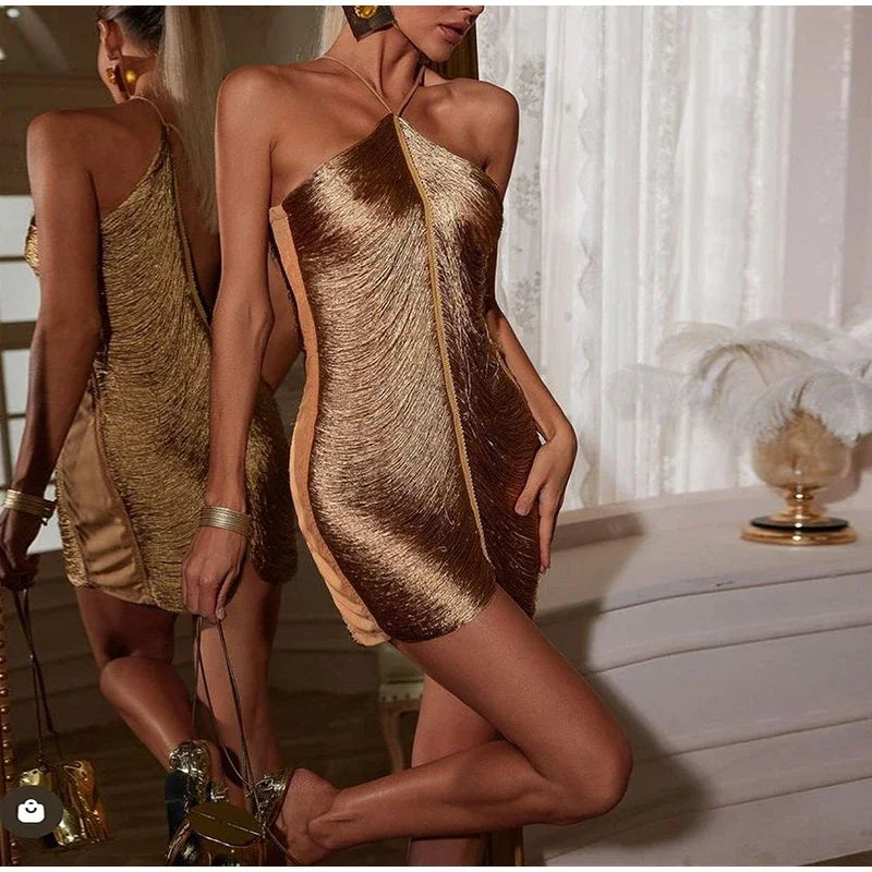 Shiny Tassels Halter Off Shoulder Sleeveless Slim  Mini Dress