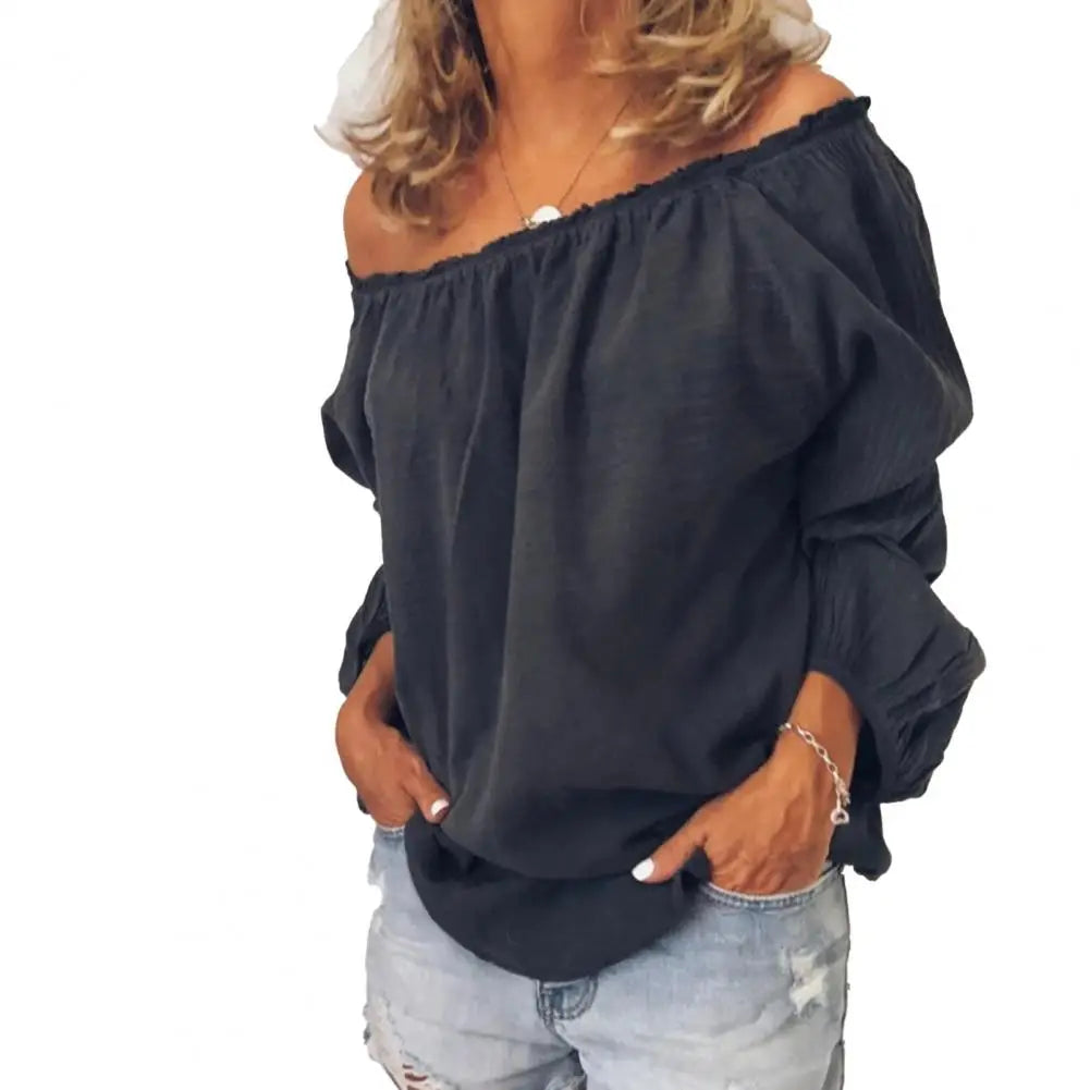 Blouse Casual Off Shoulder Blouse Shirt Tops  Neckline Pleated Elastic Lady's Shirt