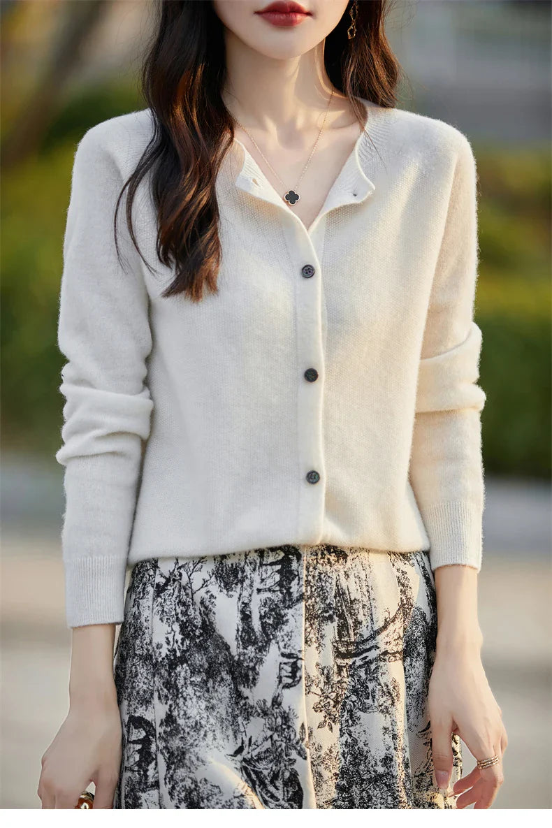 Soft Wool Cashmere Blend Knitted Round Neck Cardigan