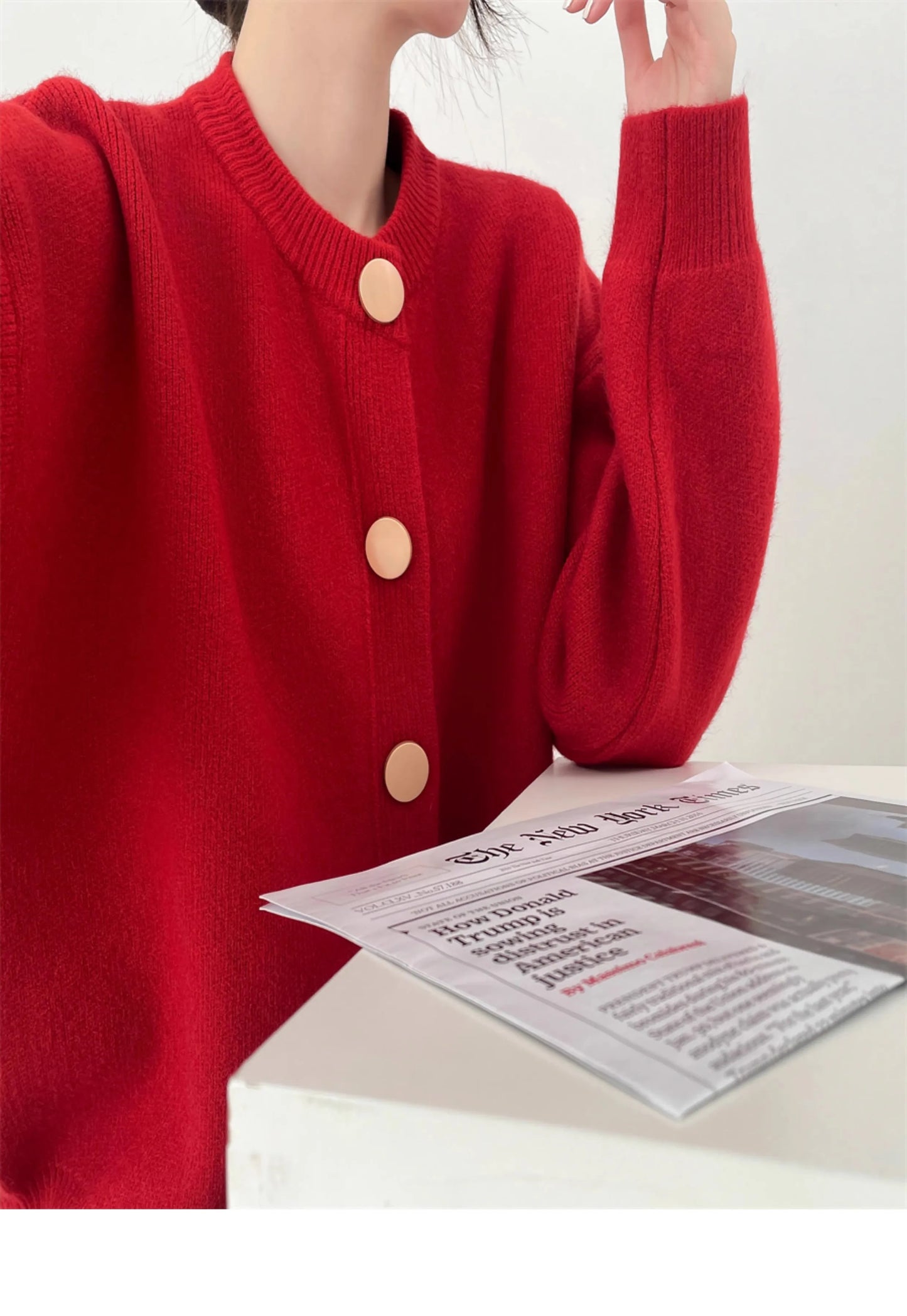 Elegant Cashmere  O-neck Knitted Loose  Cardigans Sweater