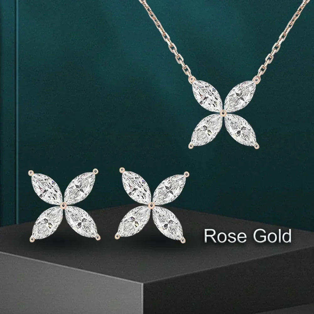 GRA Certified Butterfly Moissanite Jewelry Sets Marquise Cut Diamond Pendant, Necklace, Stud Earrings