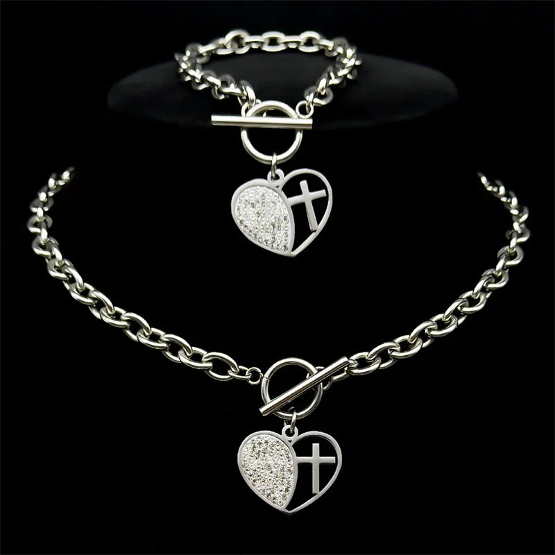 Rhinestone Heart Cross Matching Pendant & Bracelet Jewelry Set