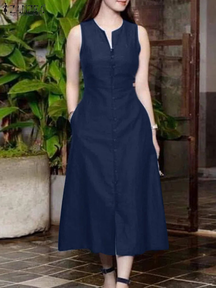 Elegant Leisure Retro V Neck Sleeveless Button Down MidI  Dress