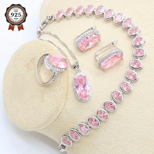 Pink Zircon Bracelet, Hoop Earrings, Necklace, Pendant, Ring Jewelry Set