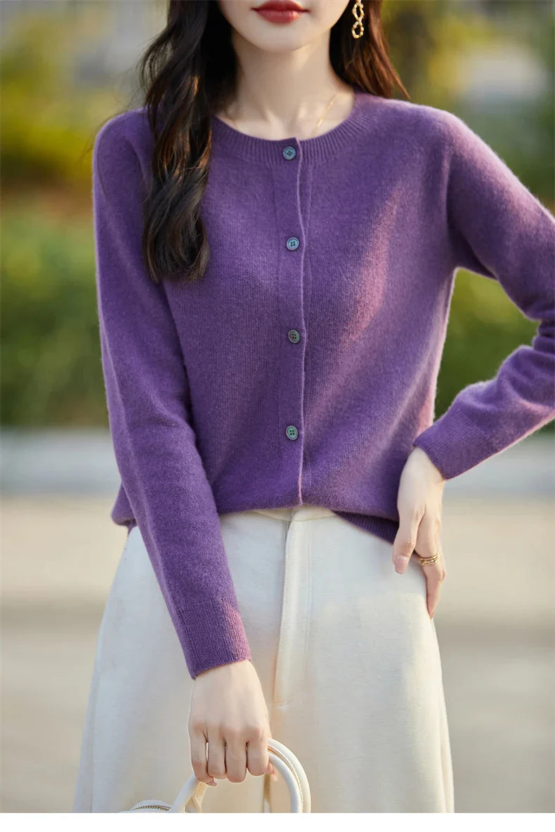 Soft Wool Cashmere Blend Knitted Round Neck Cardigan
