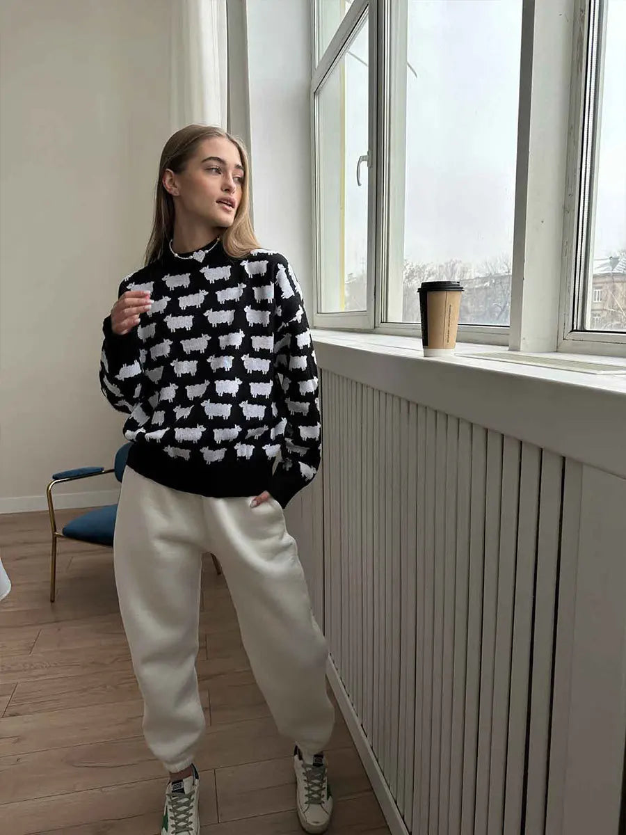 O-neck Alpaca Loose Casual Mid Length Printed Sweater