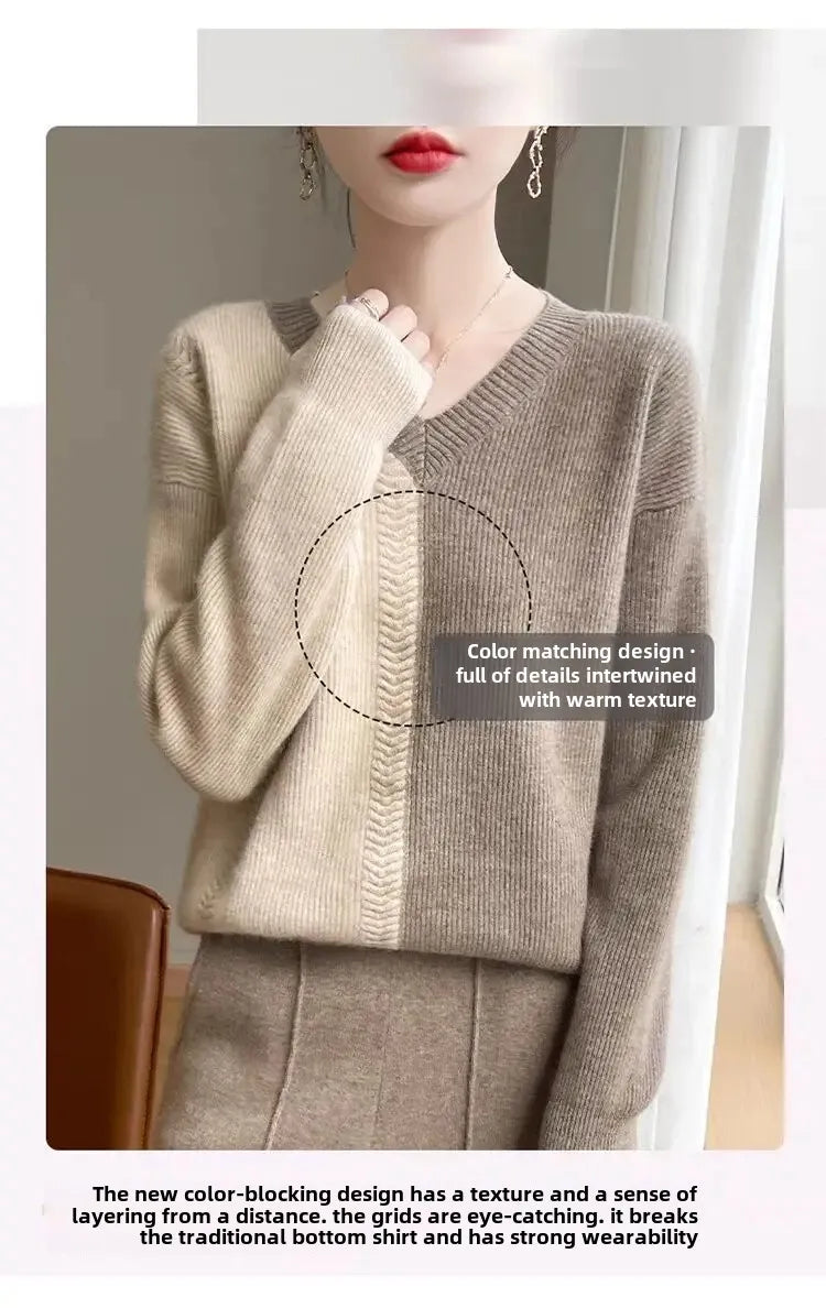 Chic Cashmere Knitted Color Block Patchwork Loose-Fit Style Pullover