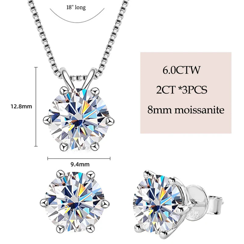 Sterling Silver and AAA Moissanite Diamond Solitaire Pendant Necklace & Earrings Set