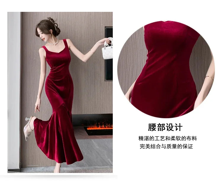 NEW Elegant Korean  Velvet Backless Sleeveless Midi Mermaid Dresses