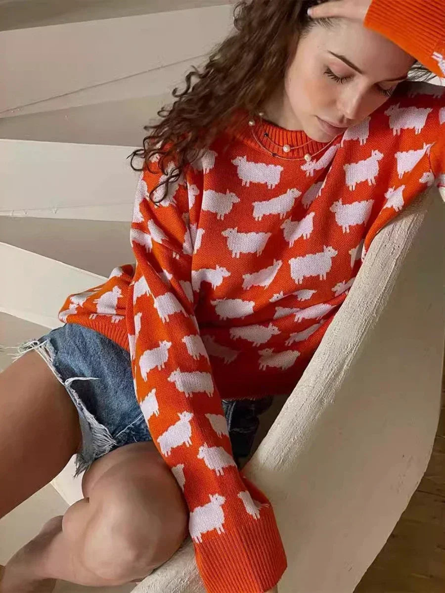 O-neck Alpaca Loose Casual Mid Length Printed Sweater