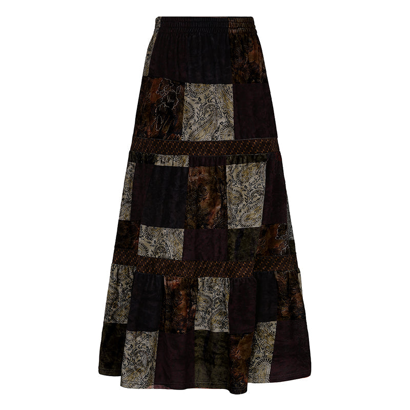 Boho  Patchwork Brown Pleated   Skirt