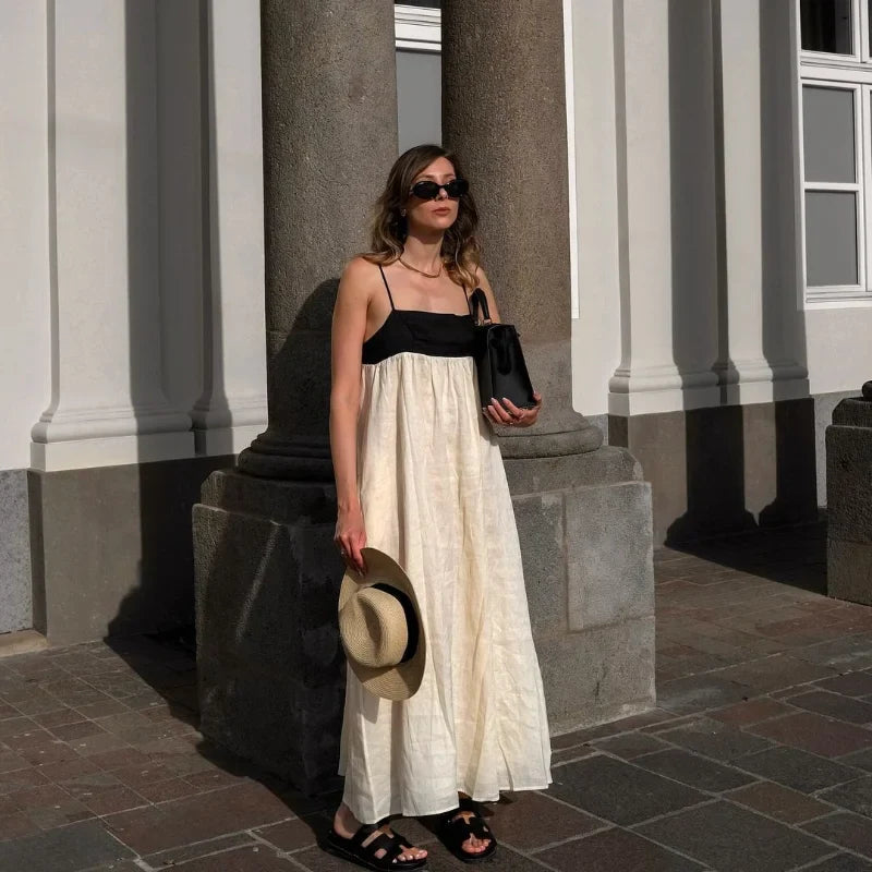 White and Black  Contrasting Color Hollow Out Sling Maxi Sleeveless Dress
