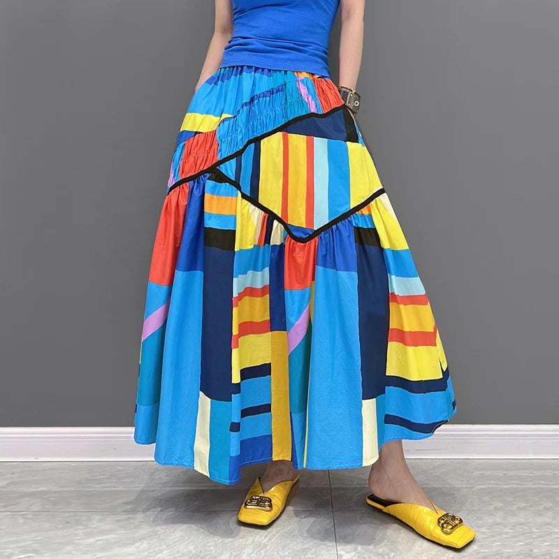 Blue Art  3D Printed  Loose Fit Mid-Calf Skirt with Pockets