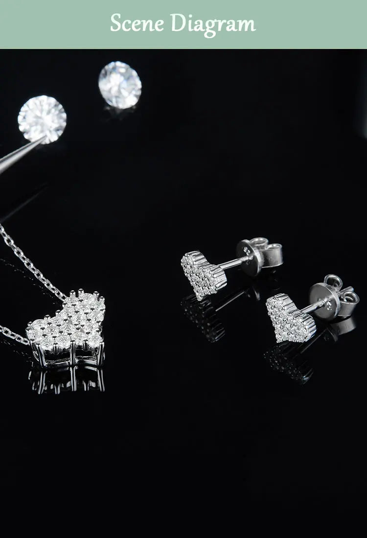 Sterling Silver Heart Shaped Pendant & Earring Moissanite Lab Diamonds Set