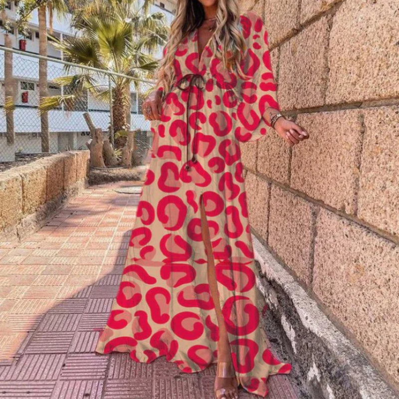 Elegant Artsy Print Oversized Holiday Beachy Maxi V-Neck Dress