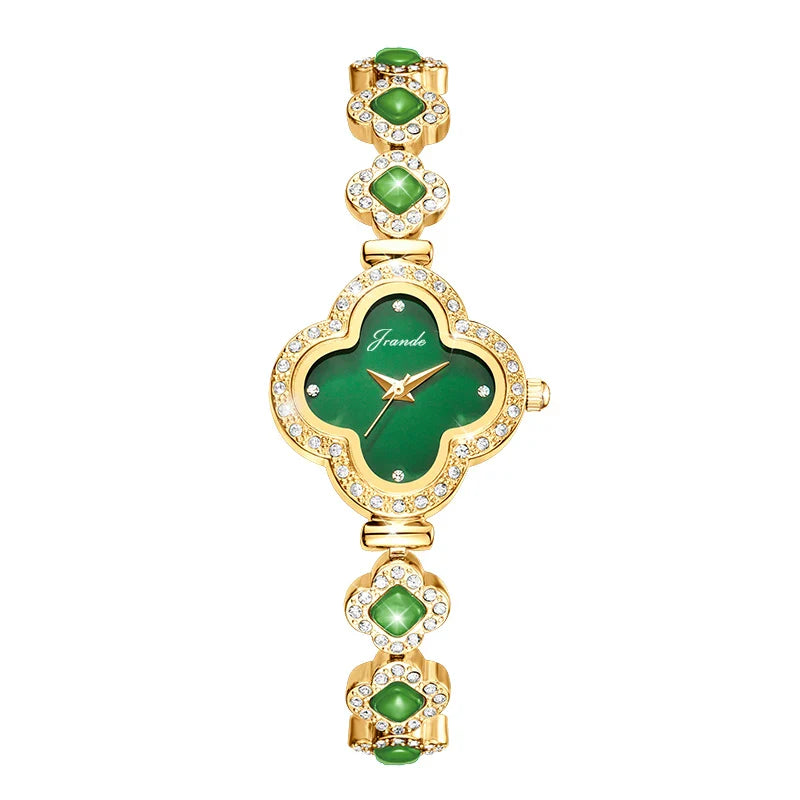 Lucky 4 Leaf Clover Green Rhinestone Watch