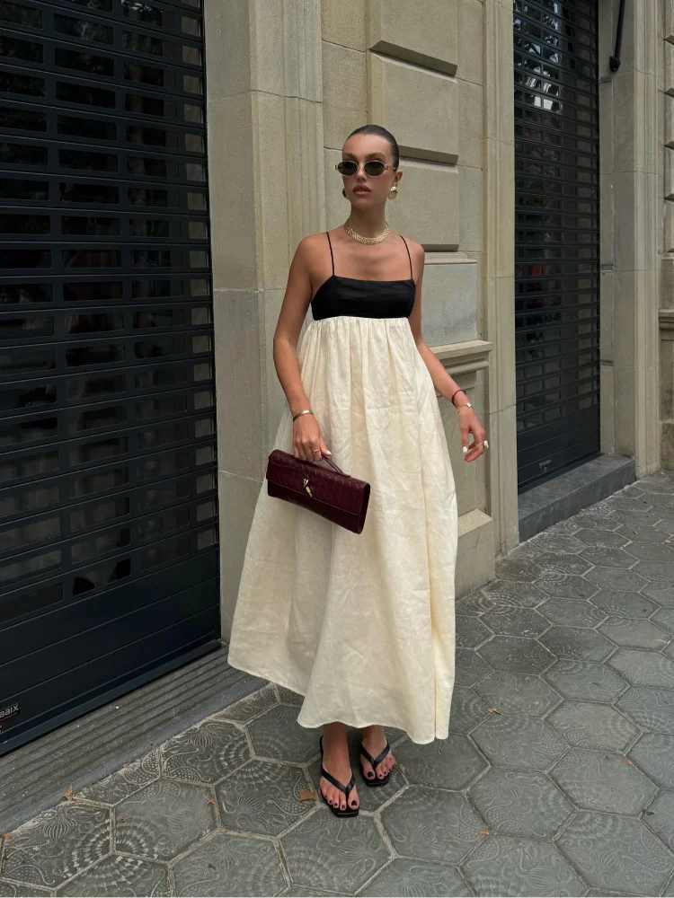 White and Black  Contrasting Color Hollow Out Sling Maxi Sleeveless Dress