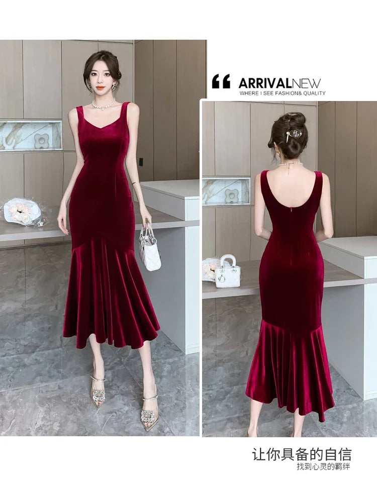 NEW Elegant Korean  Velvet Backless Sleeveless Midi Mermaid Dresses