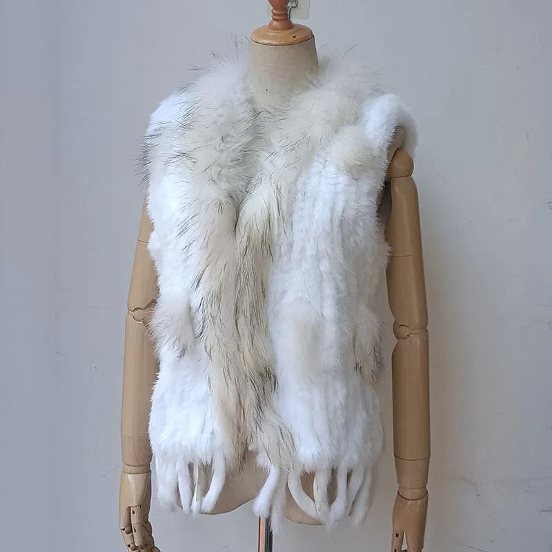 Warm Sleeveless Genuine Rabbit Fur Knitted Vest with Tassel