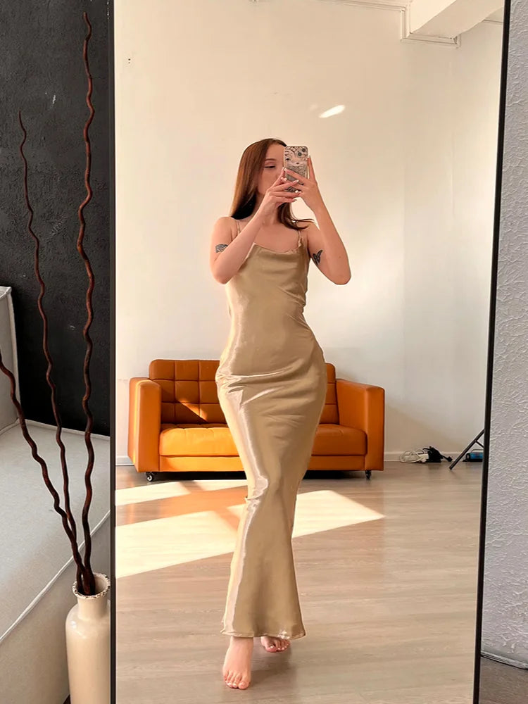 Spaghetti Strap Sleeveless Elegant Satin Backless Maxi Dress