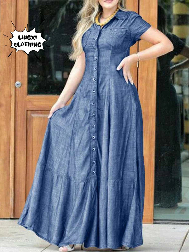 Denim Swing Dress with Long Dress with Pocket