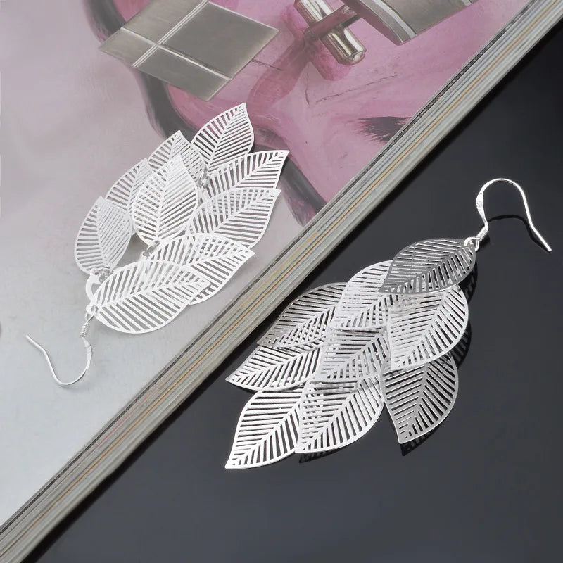 Fine 925 Sterling Silver Tassel Layered Leaves Drop Earrings