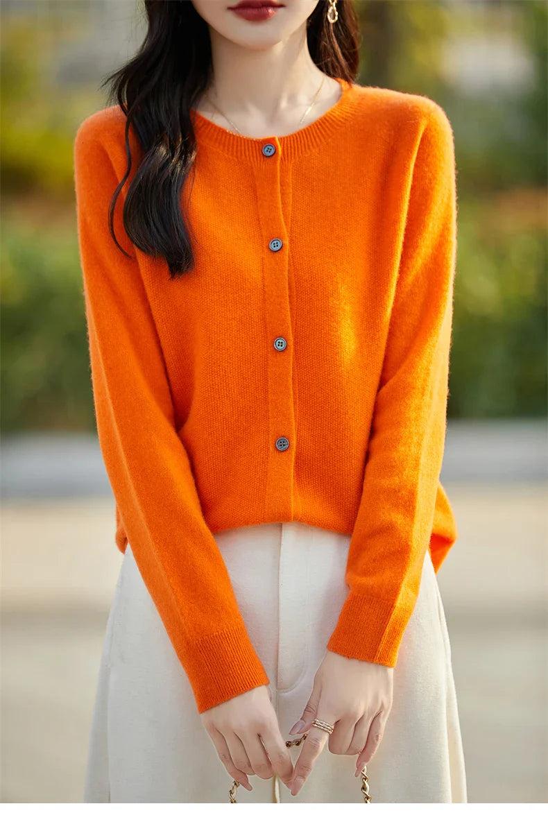 Soft Wool Cashmere Blend Knitted Round Neck Cardigan