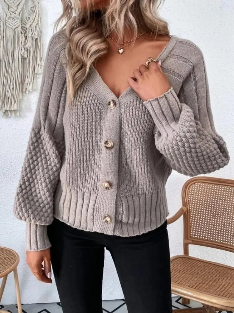 Khaki  V-neck Knit Button Sweater Cardigan Coat