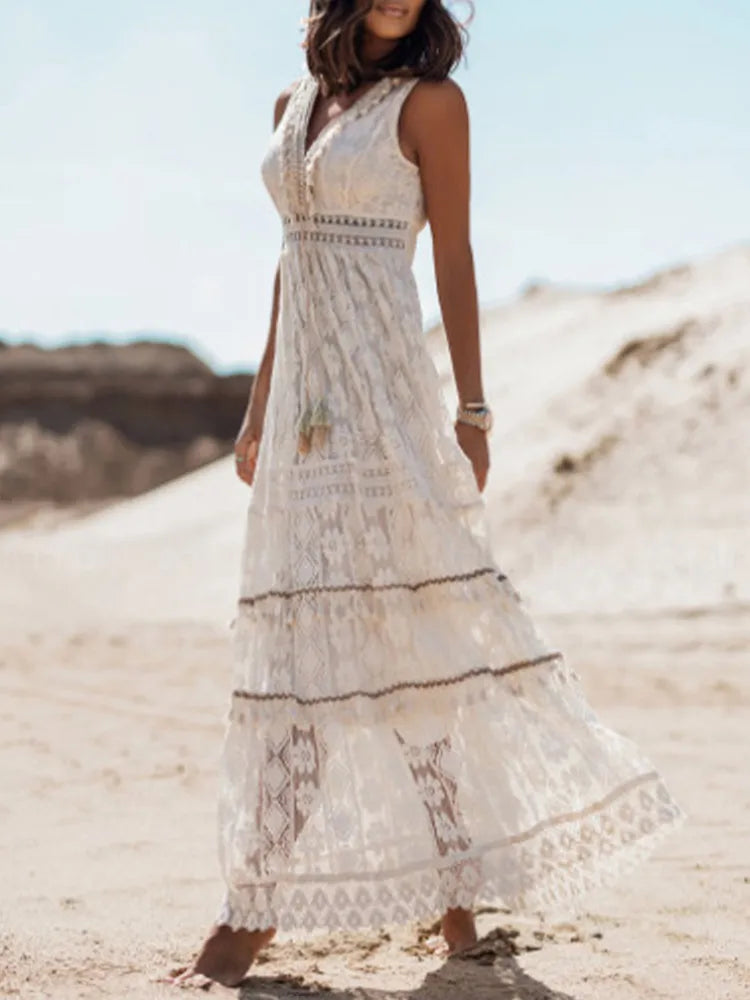 Boho White Beige Lace V Neck Dress