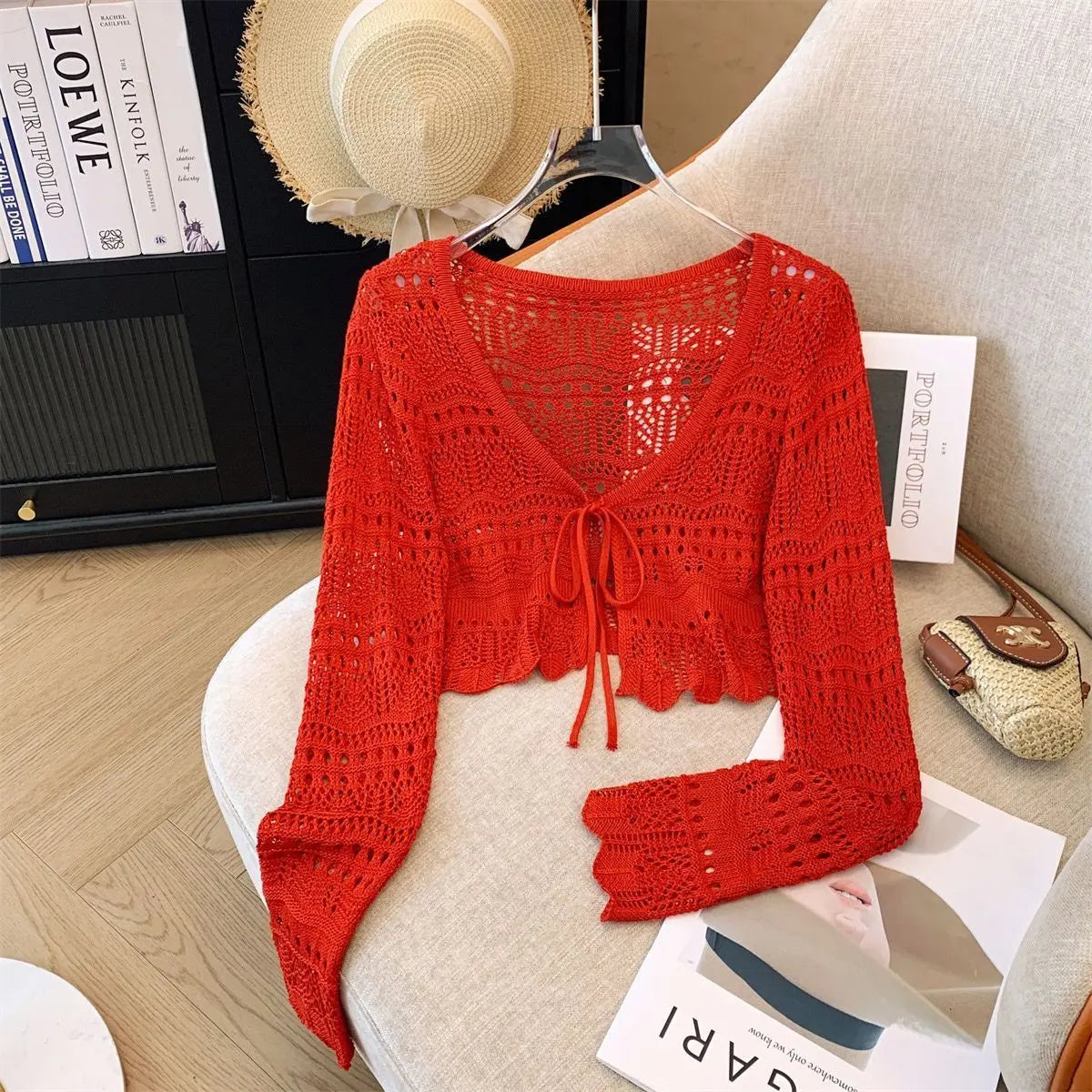 Casual Comfort Crochet  Short Top  Knitted Cardigan with Long Sleeves