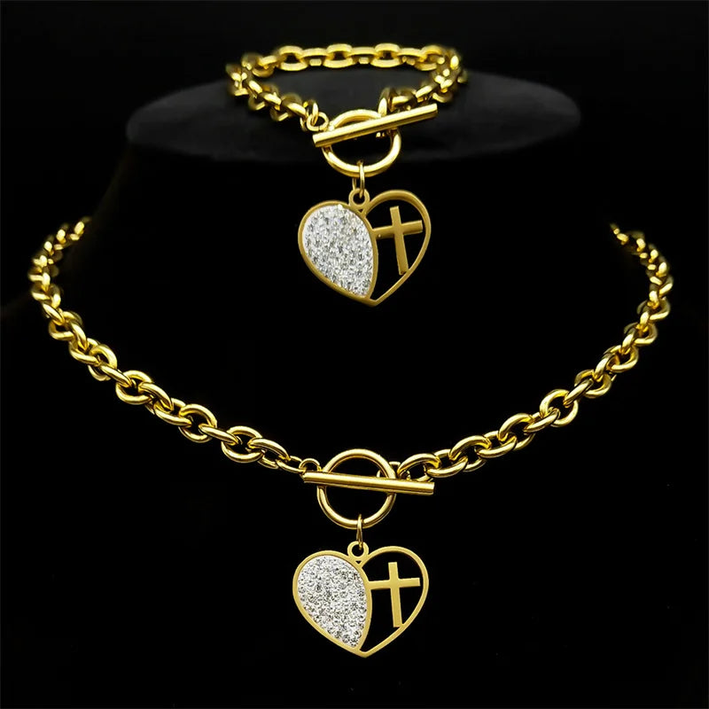 Rhinestone Heart Cross Matching Pendant & Bracelet Jewelry Set