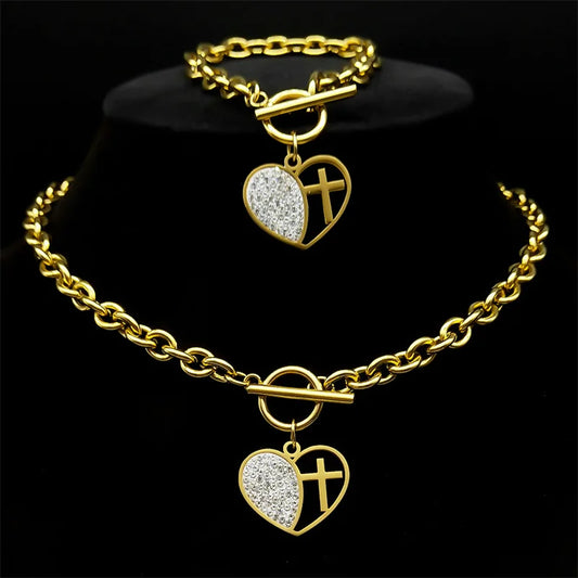 Rhinestone Heart Cross Matching Pendant & Bracelet Jewelry Set