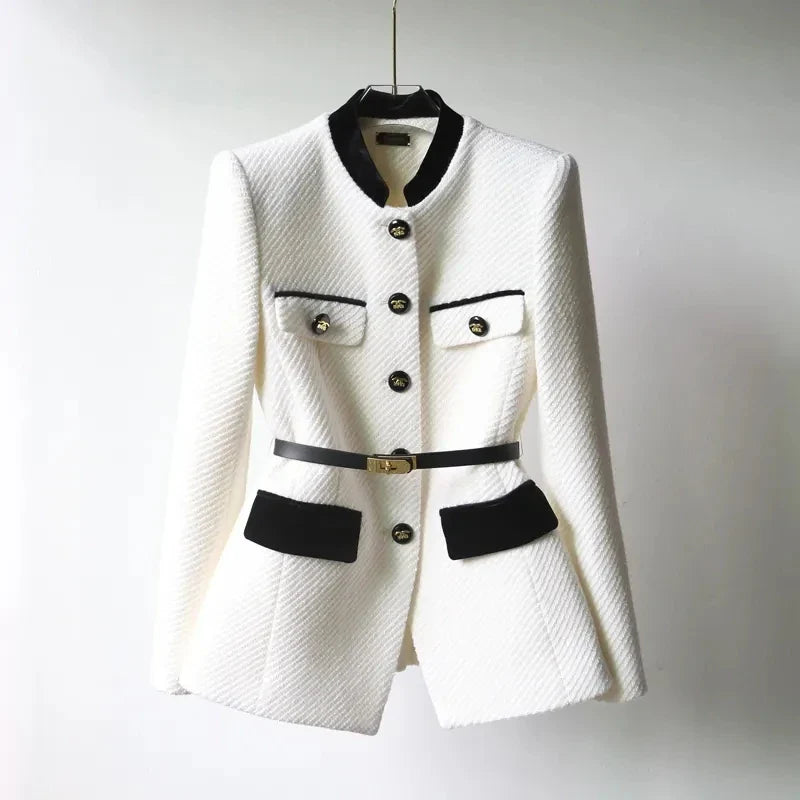 Chic White Black Single Breasted Elegant Tweed Jacket