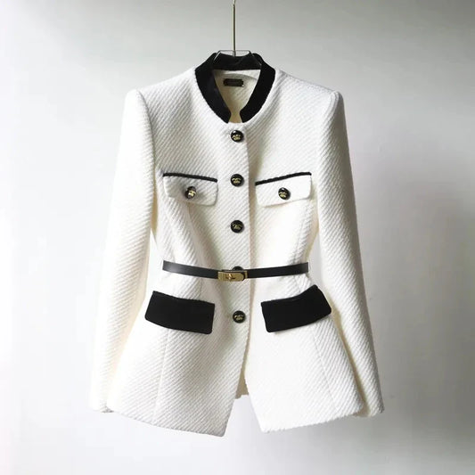 Chic White Black Single Breasted Elegant Tweed Jacket