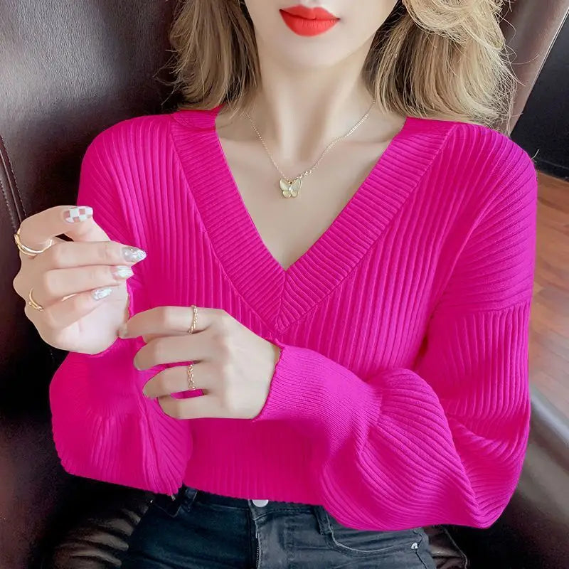 Vibrant Style Casual V-neck  Knit  Sweater Pullover