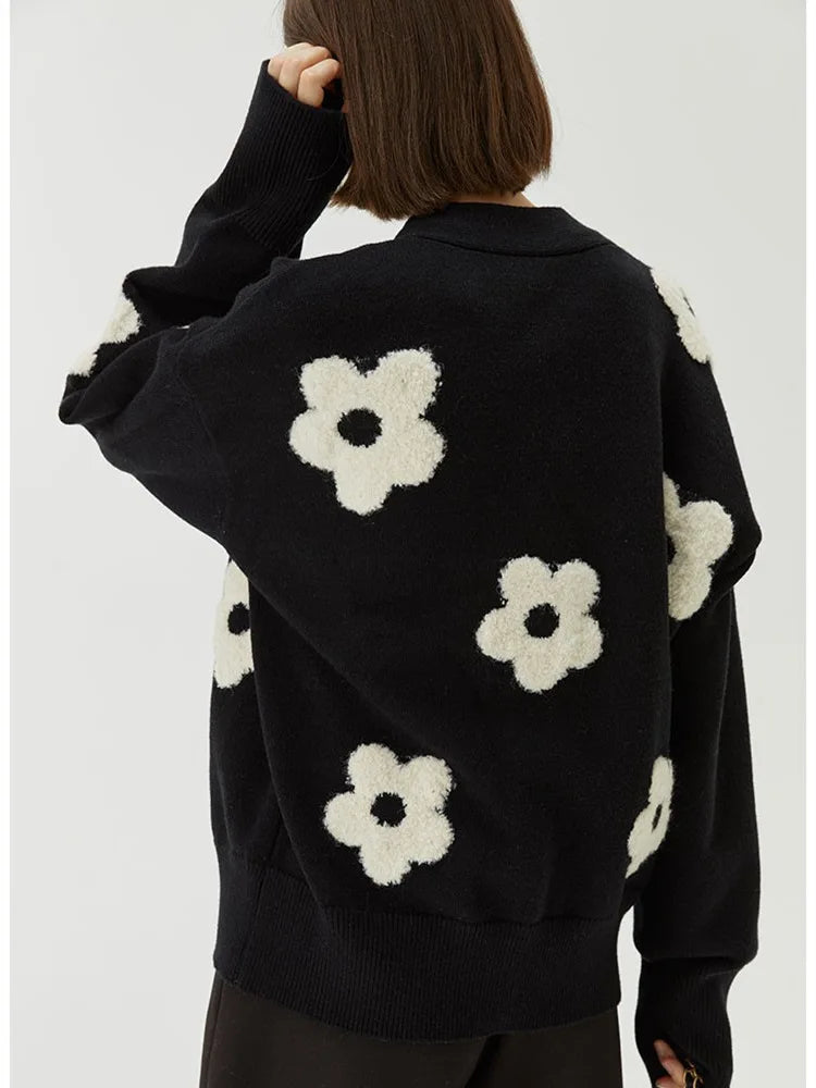 Trendy Floral Embroidered Knitted  Loose Fitting Cardigan
