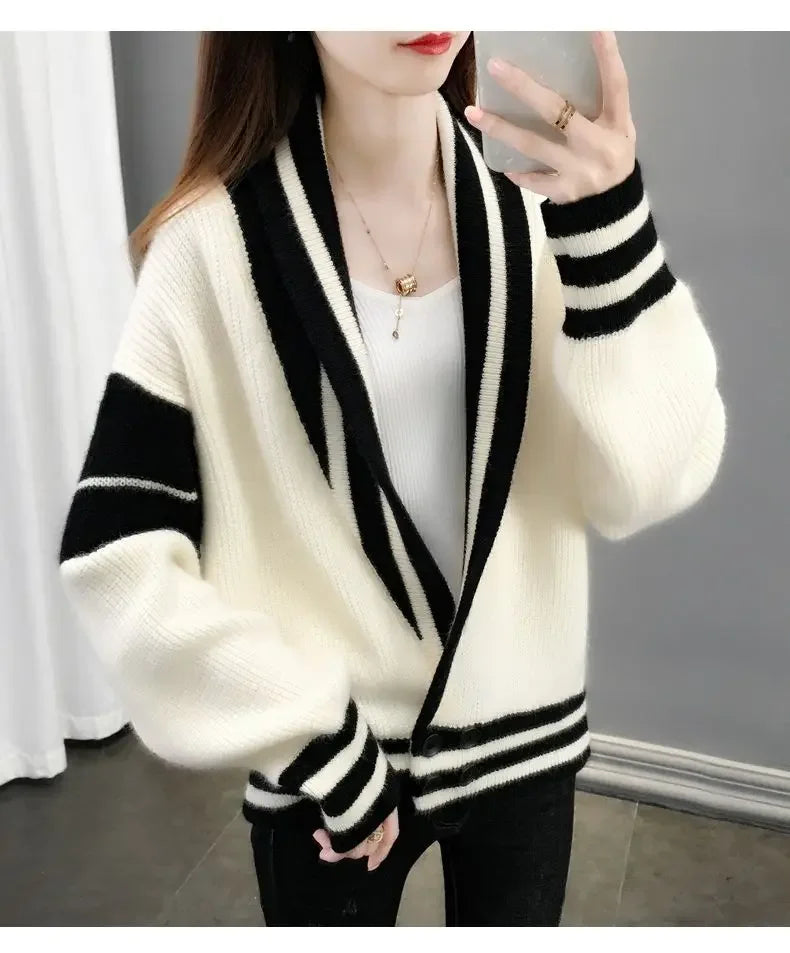 Striped Knitted  Cardigan Coat Long Sleeve Sweater Jackets